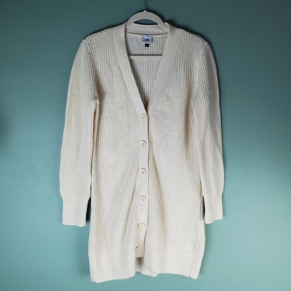 Cabi Womens Small Book Club VNeck Cardigan Sweater Ivory Cream Longline Knit